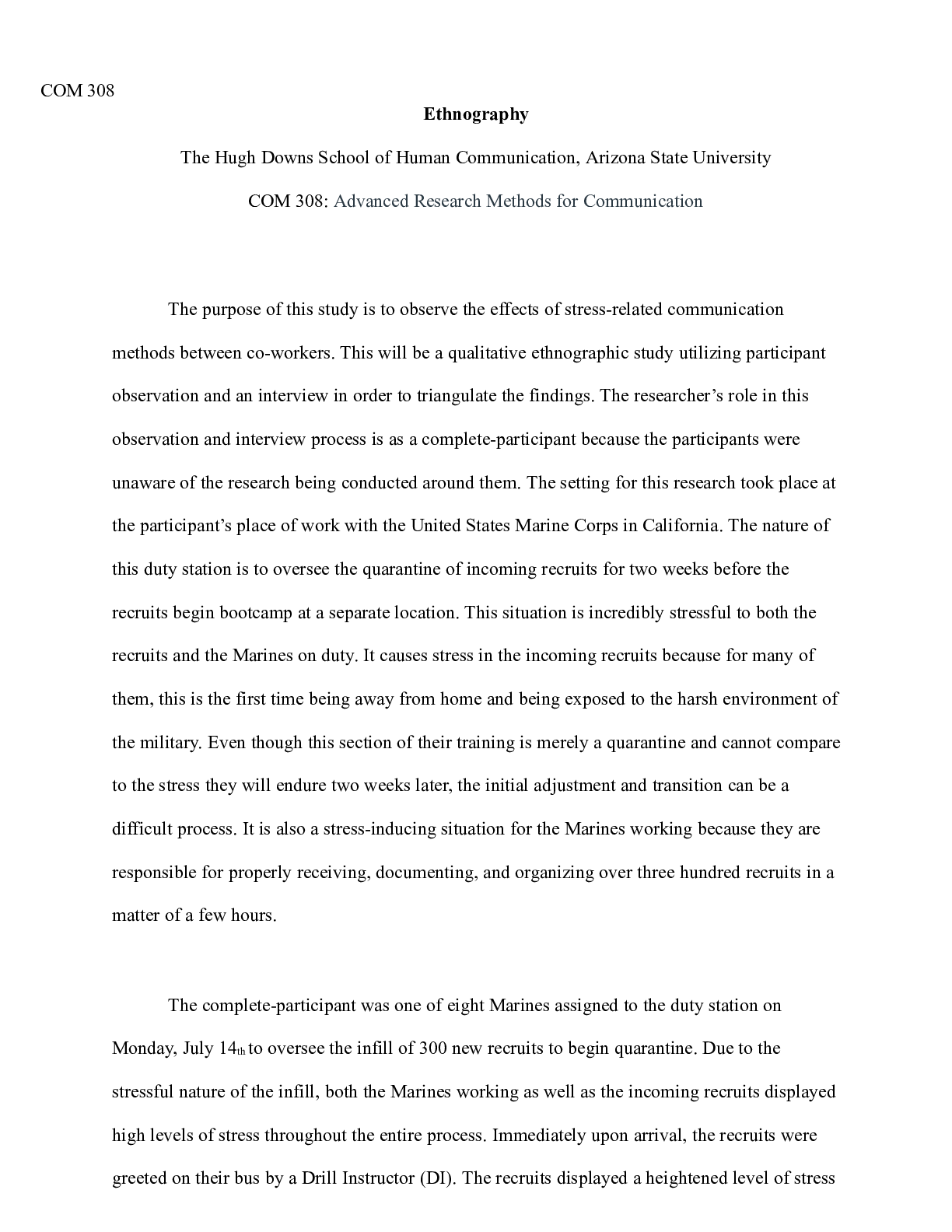 Preview of Ethnography.docx  COM 308  Ethnography  The Hugh Downs School of Human Communication, Ariz